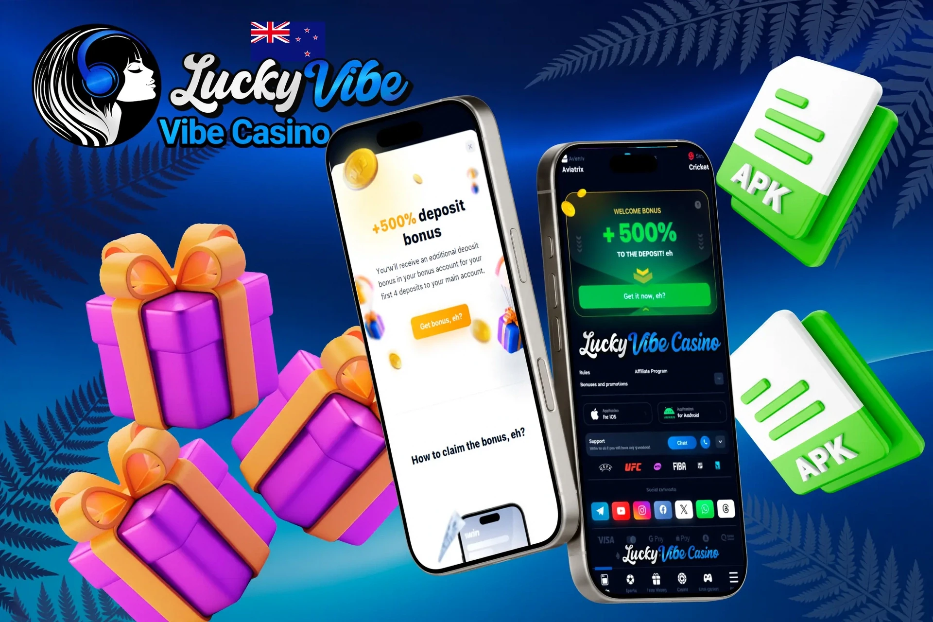 Lucky Vibe Casino mobile app promotion with welcome bonus and gift box illustration