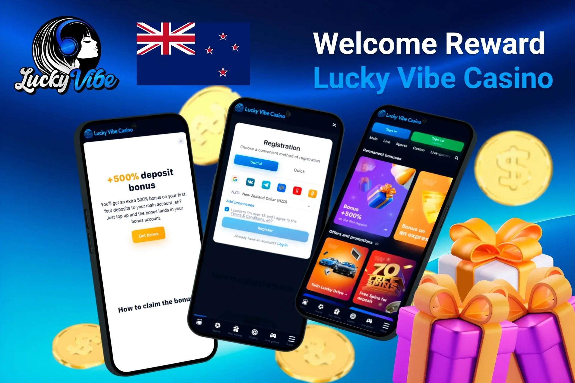 Mobile screens displaying Lucky Vibe Casino registration and 500% deposit bonus with gift boxes