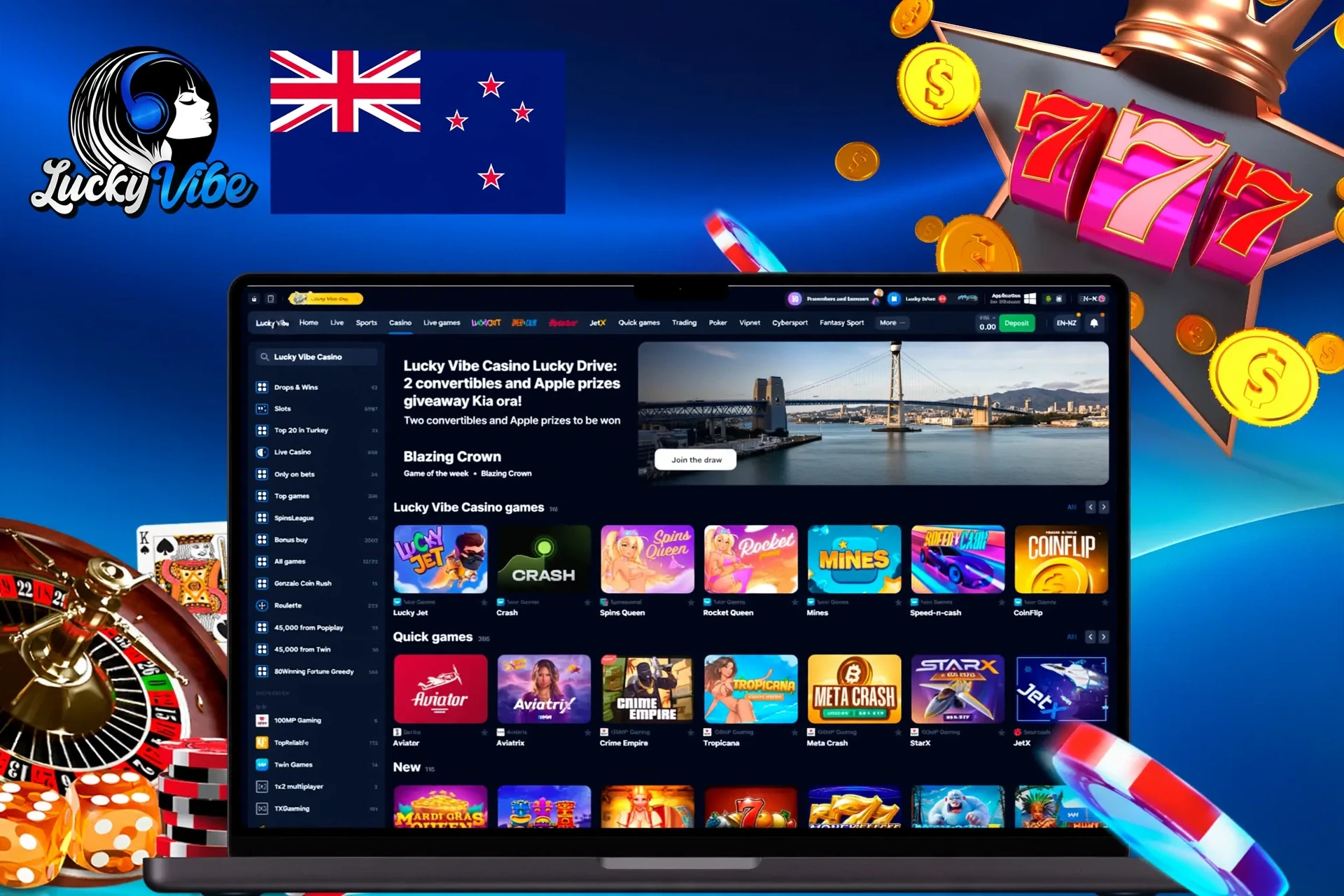 Casino homepage with various slot and crash games, including Lucky Jet and Blazing Crown
