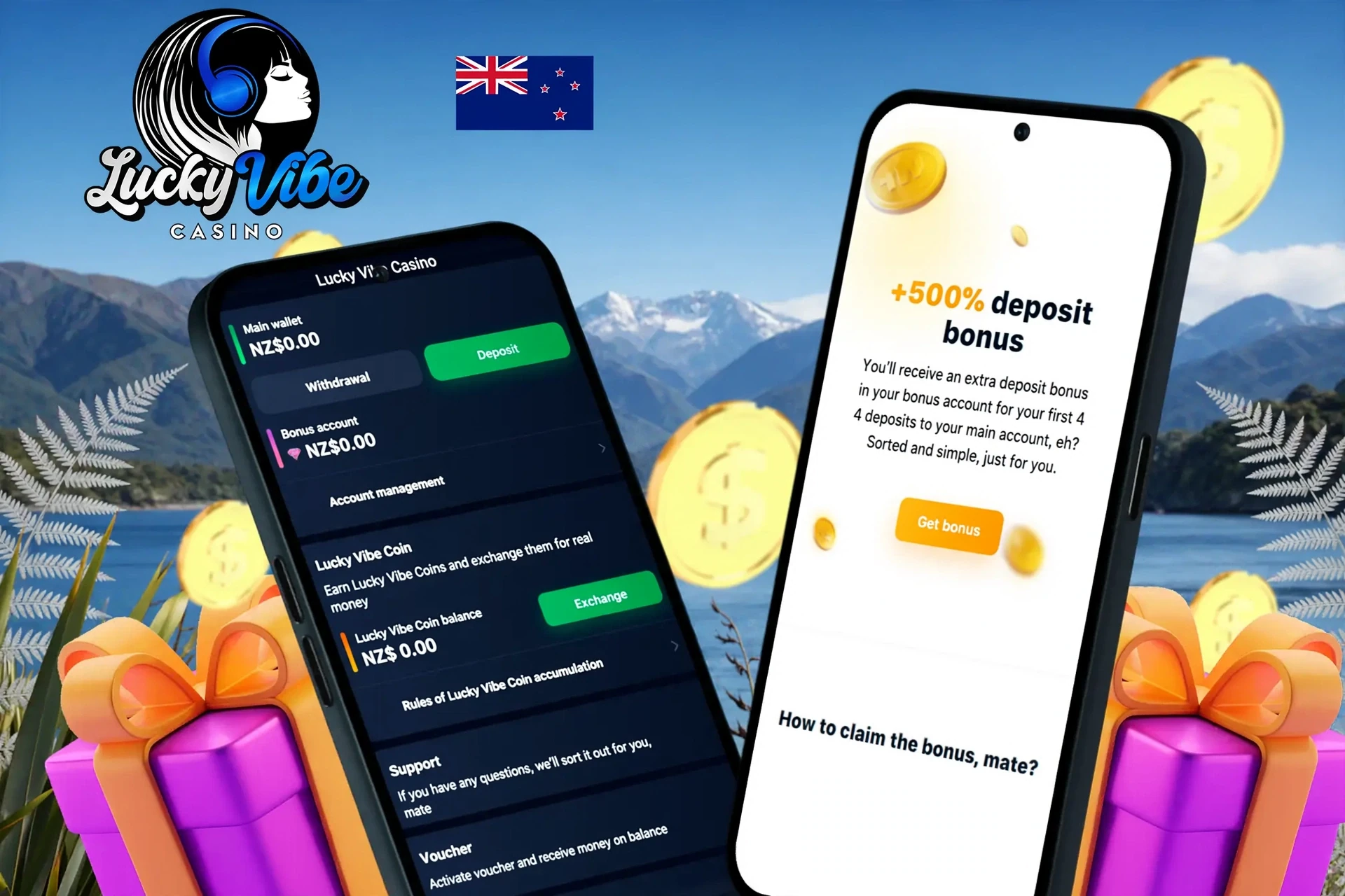 deposit and withdrawal screen showing wallet balance, account management options, and a 100% up to A$1,000 plus 100 Free Spins first deposit bonus offer
