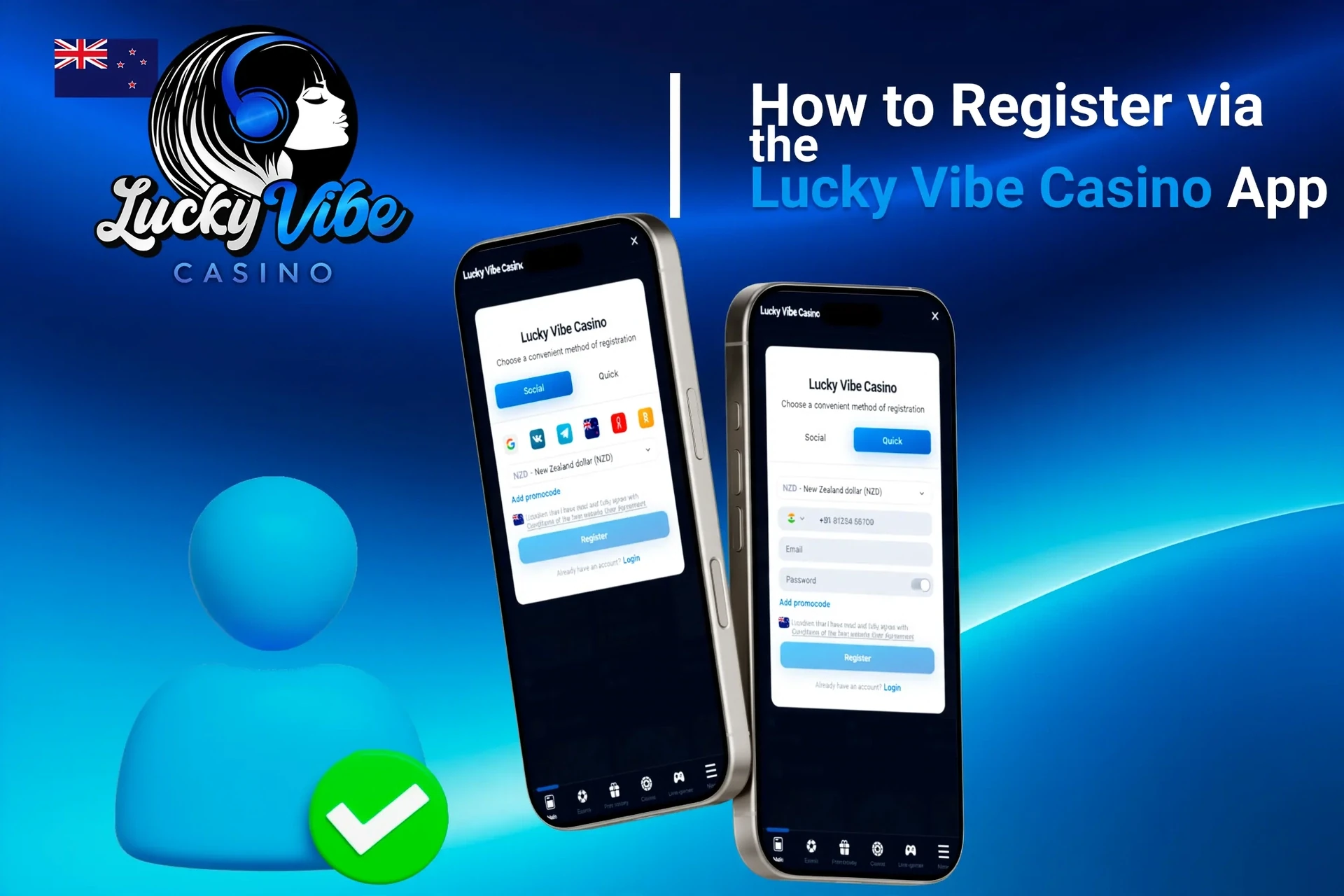 Registration process on the Lucky Vibe Casino mobile app with social login options