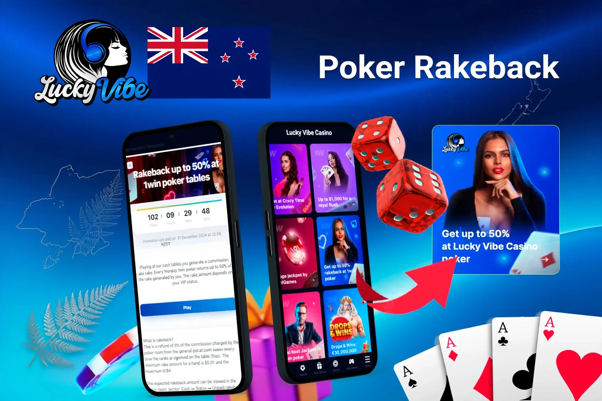 Mobile app with Lucky Vibe Casino poker rakeback offer up to 50%, red dice, and playing cards