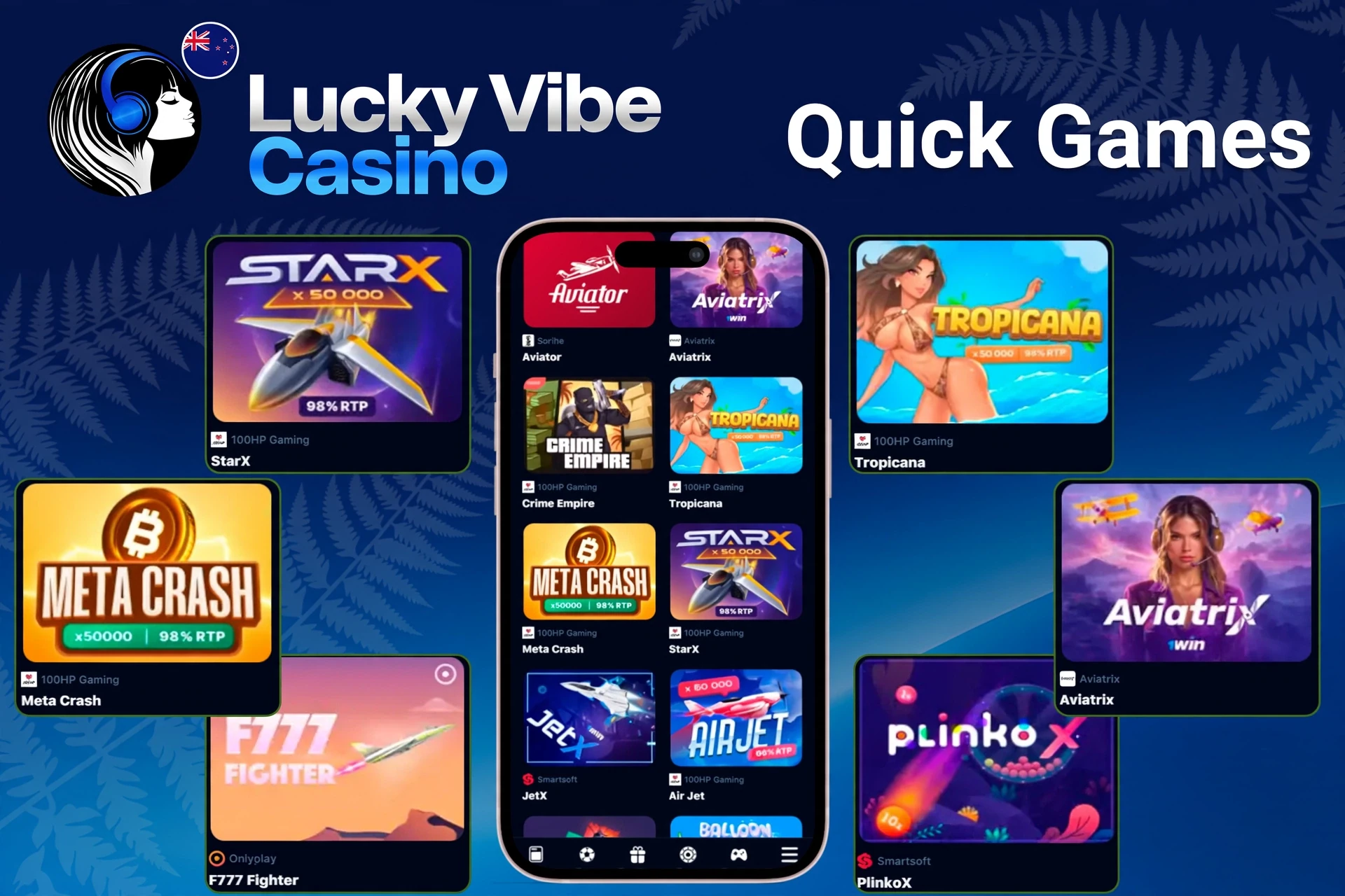 Quick games area highlighting titles like StarX, Tropicana, Meta Crash, and PlinkoX on the mobile interface