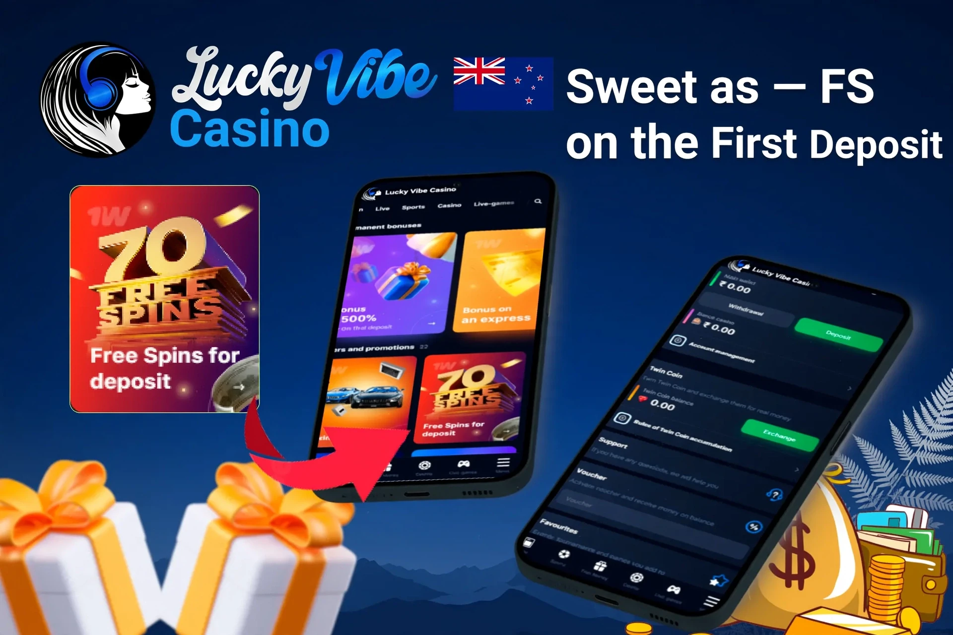 Mobile app showing casino game offers like loyalty program and free spins with poker chips and cards