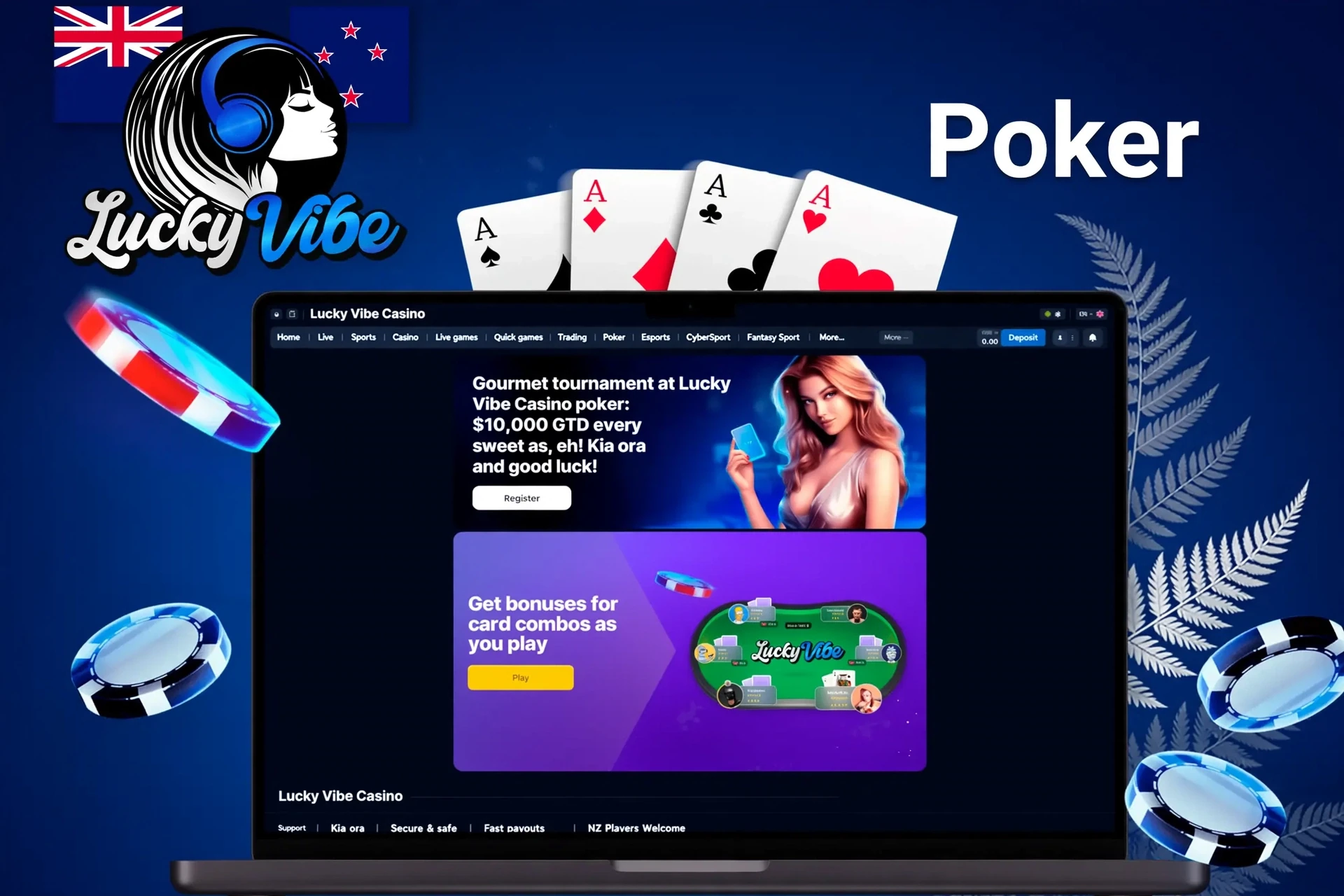 Lucky Vibe Casino poker promotion featuring a gourmet tournament with A$10,000 guaranteed prize and bonuses for specific card combinations