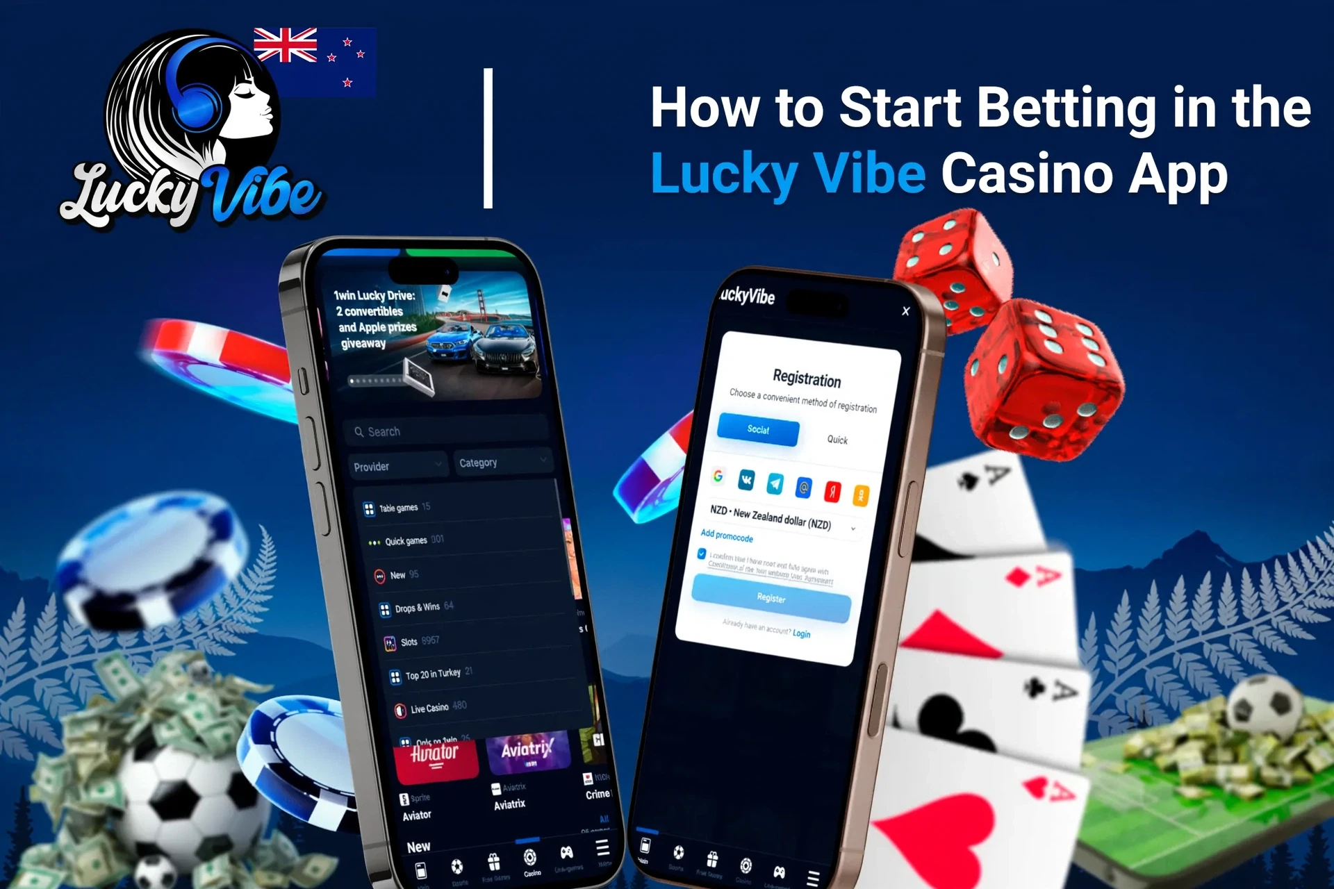 Step-by-step guide to starting betting on the app, with registration and game selection shown on mobile screens