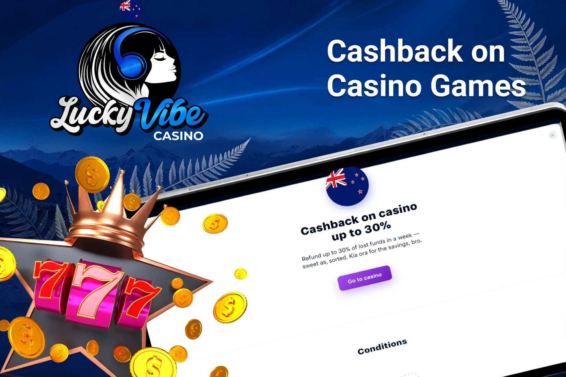 Mobile app with Lucky Vibe Casino poker rakeback offer up to 50%, red dice, and playing cards