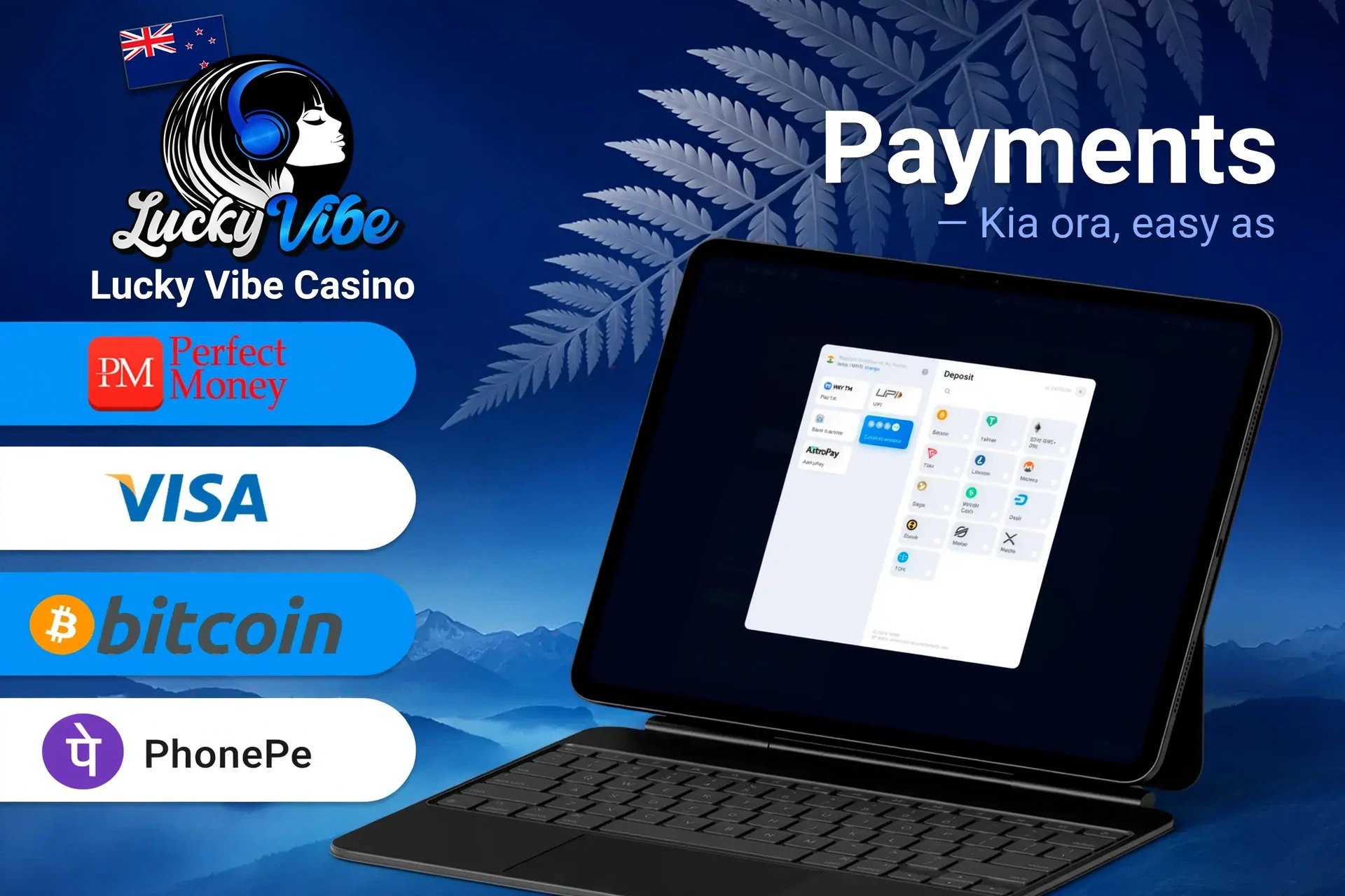 Lucky Vibe Casino payment methods including Perfect Money, Visa, Bitcoin, and POLi for quick and secure transactions