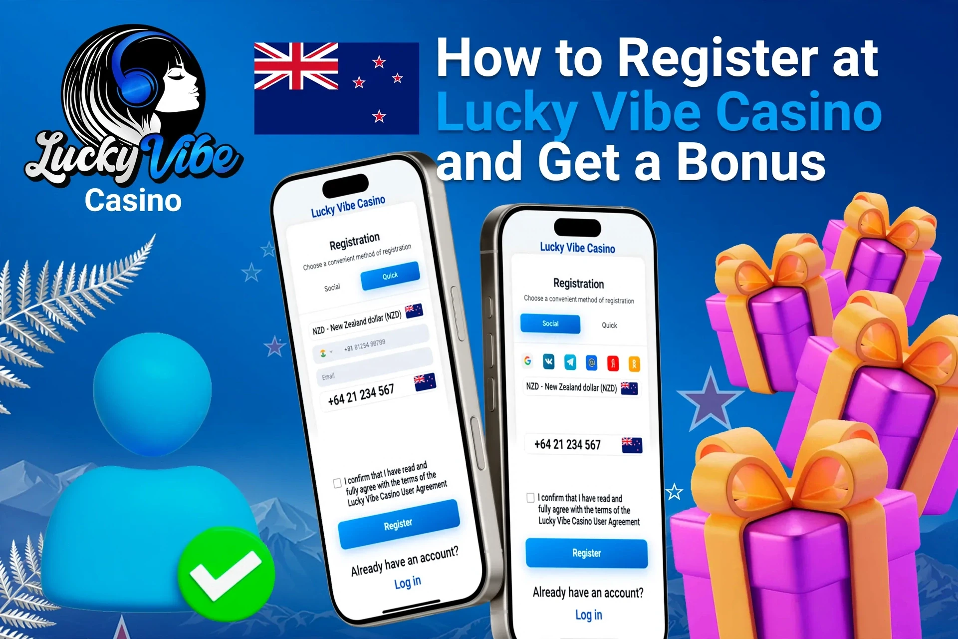 Mobile registration page for Lucky Vibe Casino showing bonus offers with purple and gold gift boxes