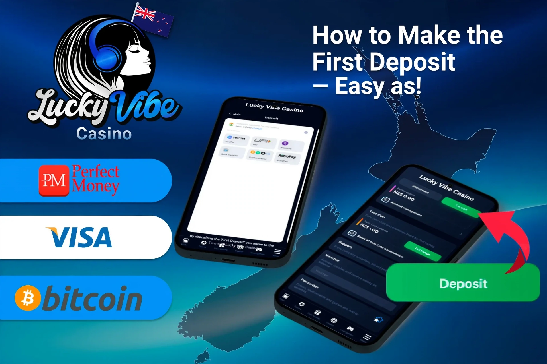 mobile app displaying deposit options including MiFinity, Visa, and Bitcoin, plus a deposit button