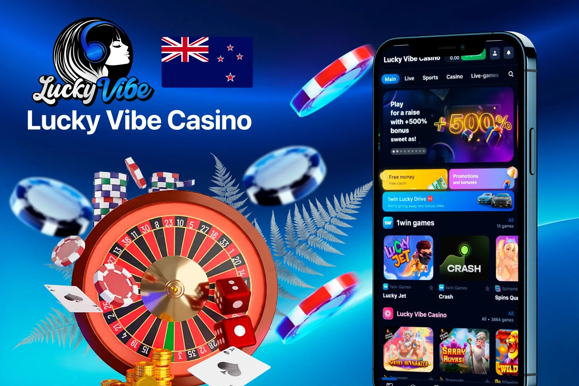 Mobile version of the Lucky Vibe Casino app displayed on smartphones, offering quick access to various betting and gaming features