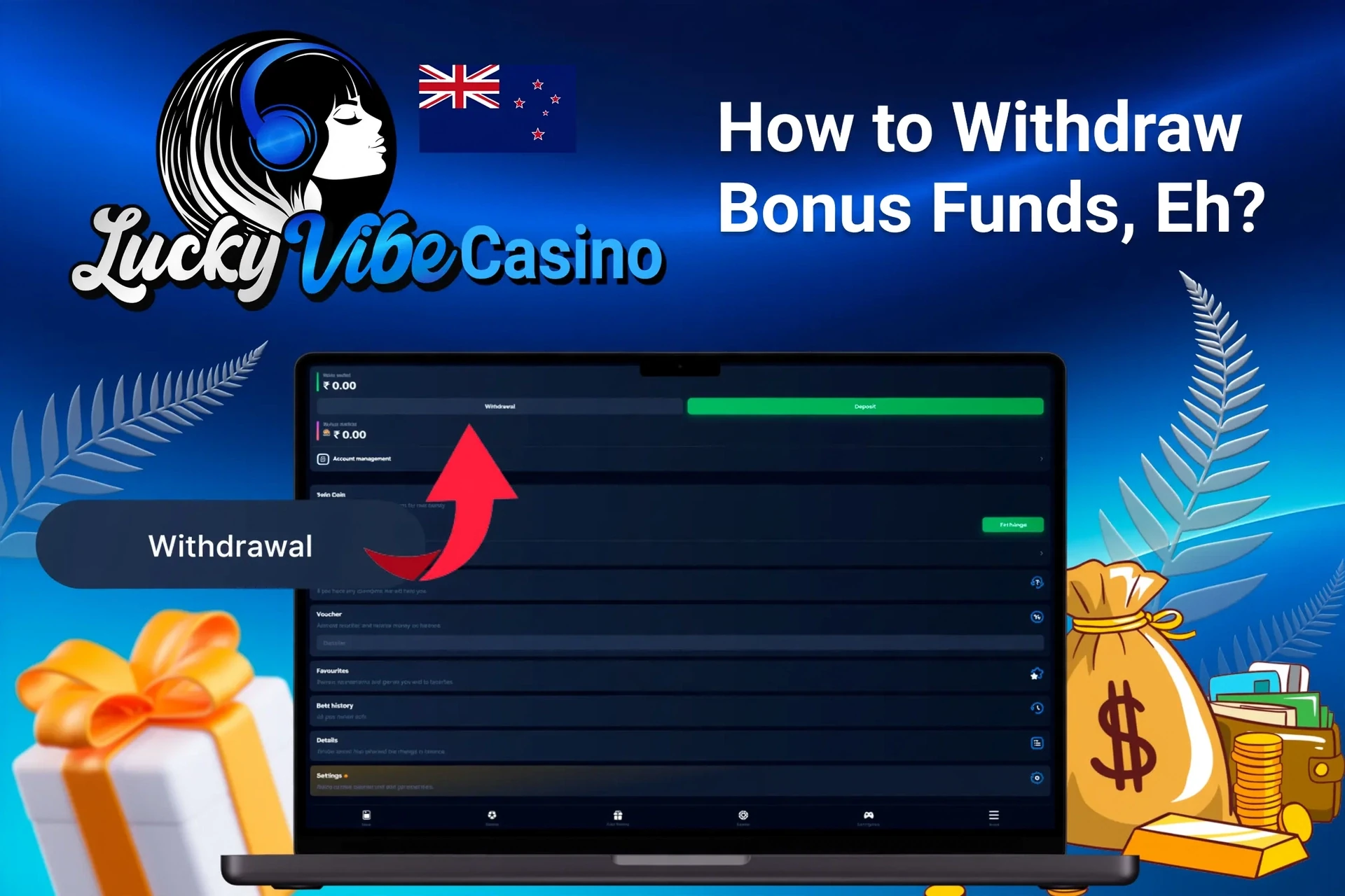 Laptop screen displaying Lucky Vibe Casino withdrawal options with money bags and gift boxes in the background
