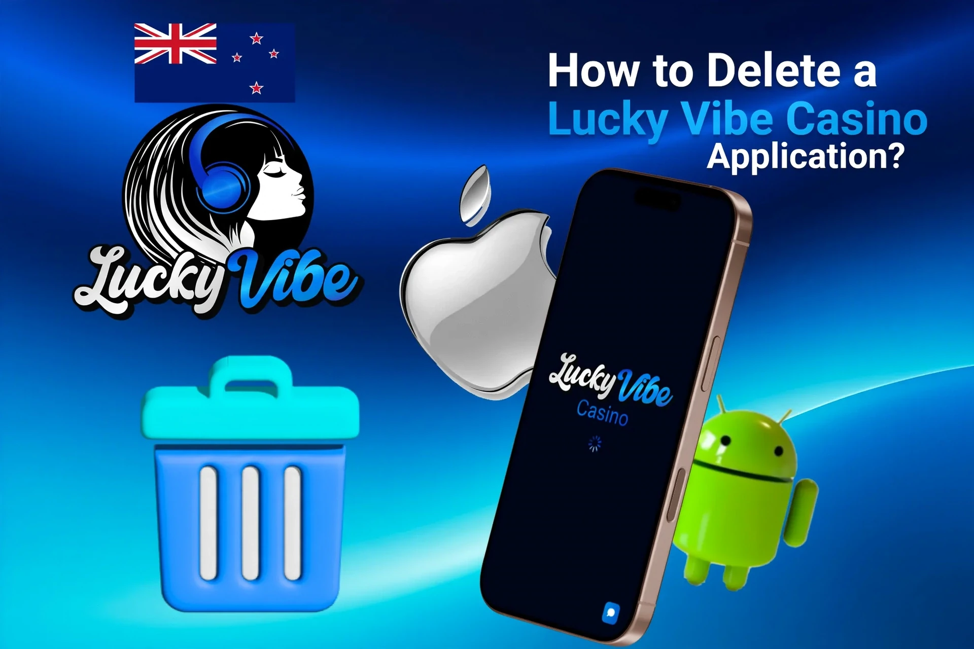 Instructions on how to delete the Lucky Vibe Casino application from iOS and Android devices, shown with app icons