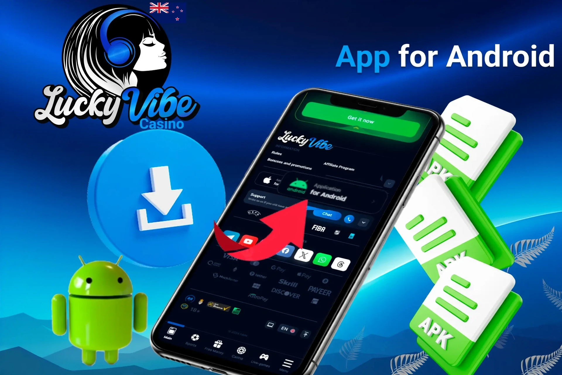 App for Android download process with APK file icons and Android mascot