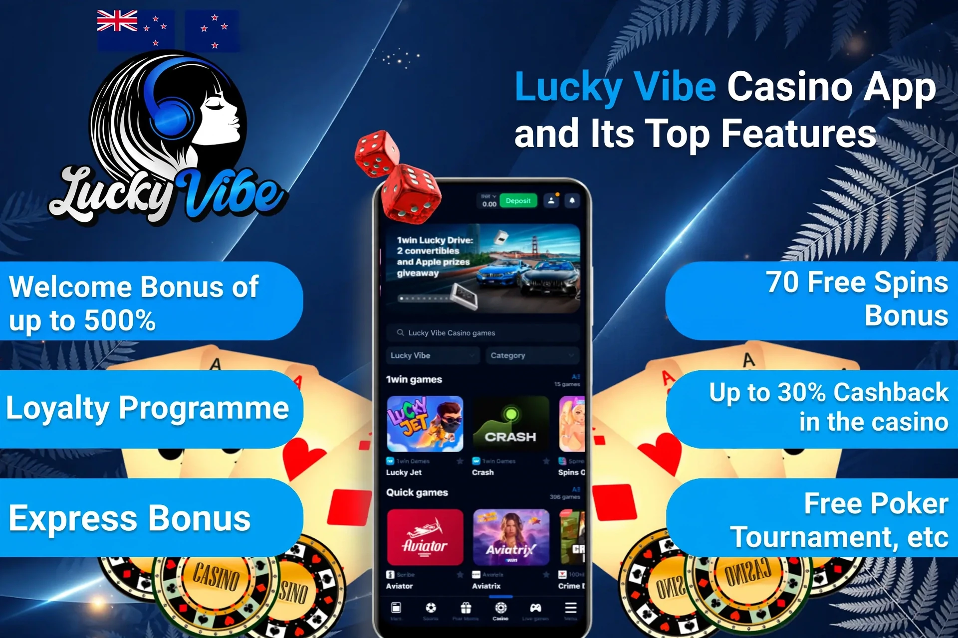 Lucky Vibe Casino App top features including welcome bonus, loyalty program, and express bonus on mobile interface