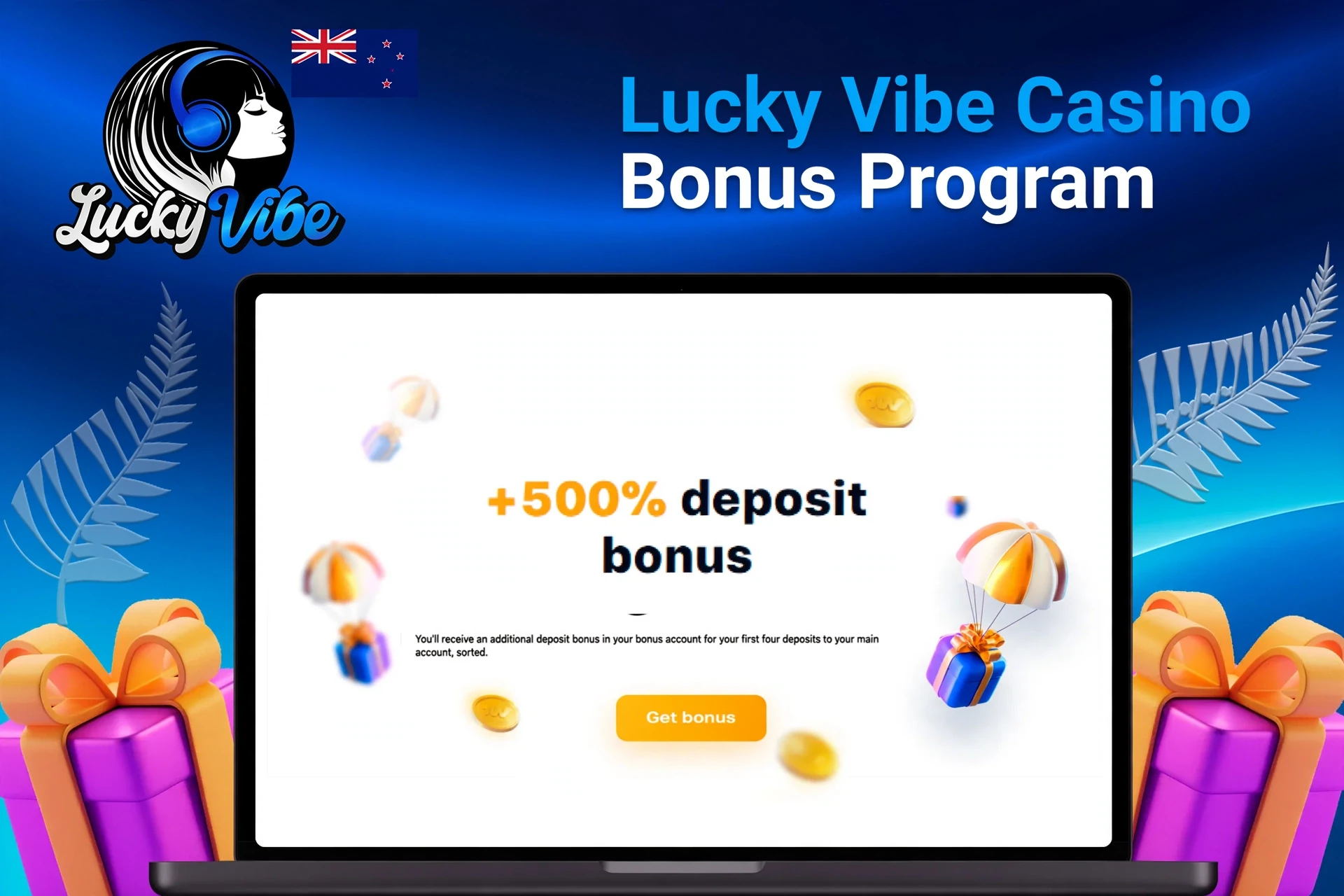 Laptop showing welcome bonus of 100% up to A$1,000 and free spins with floating coins and gifts