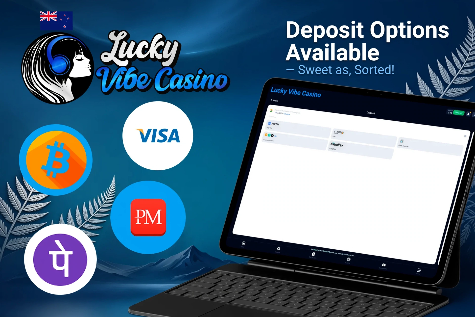 Deposit options available on Lucky Vibe Casino platform, including Bitcoin, Visa, Apple Pay, and MiFinity, displayed on a tablet