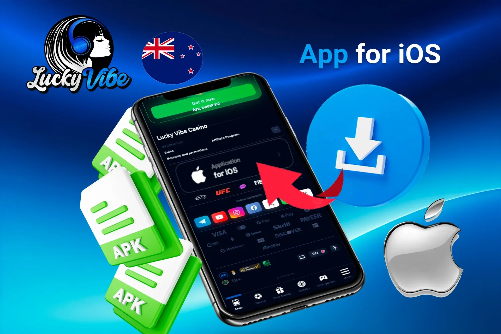 iOS app download screen with APK file icons and Apple logo