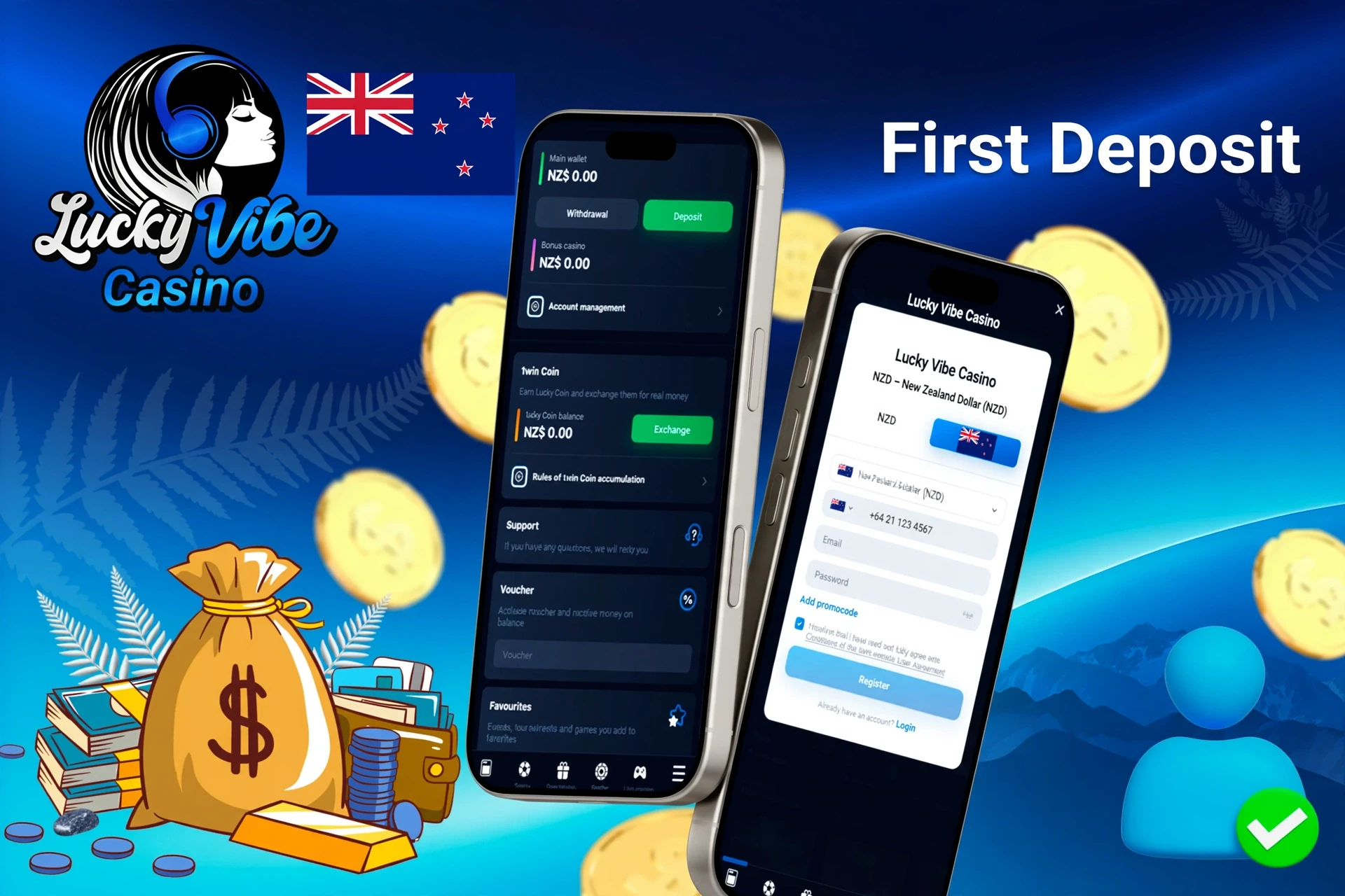 mobile interface showing steps to make the first deposit at Lucky Vibe Casino, with icons for payment options and bonus registration