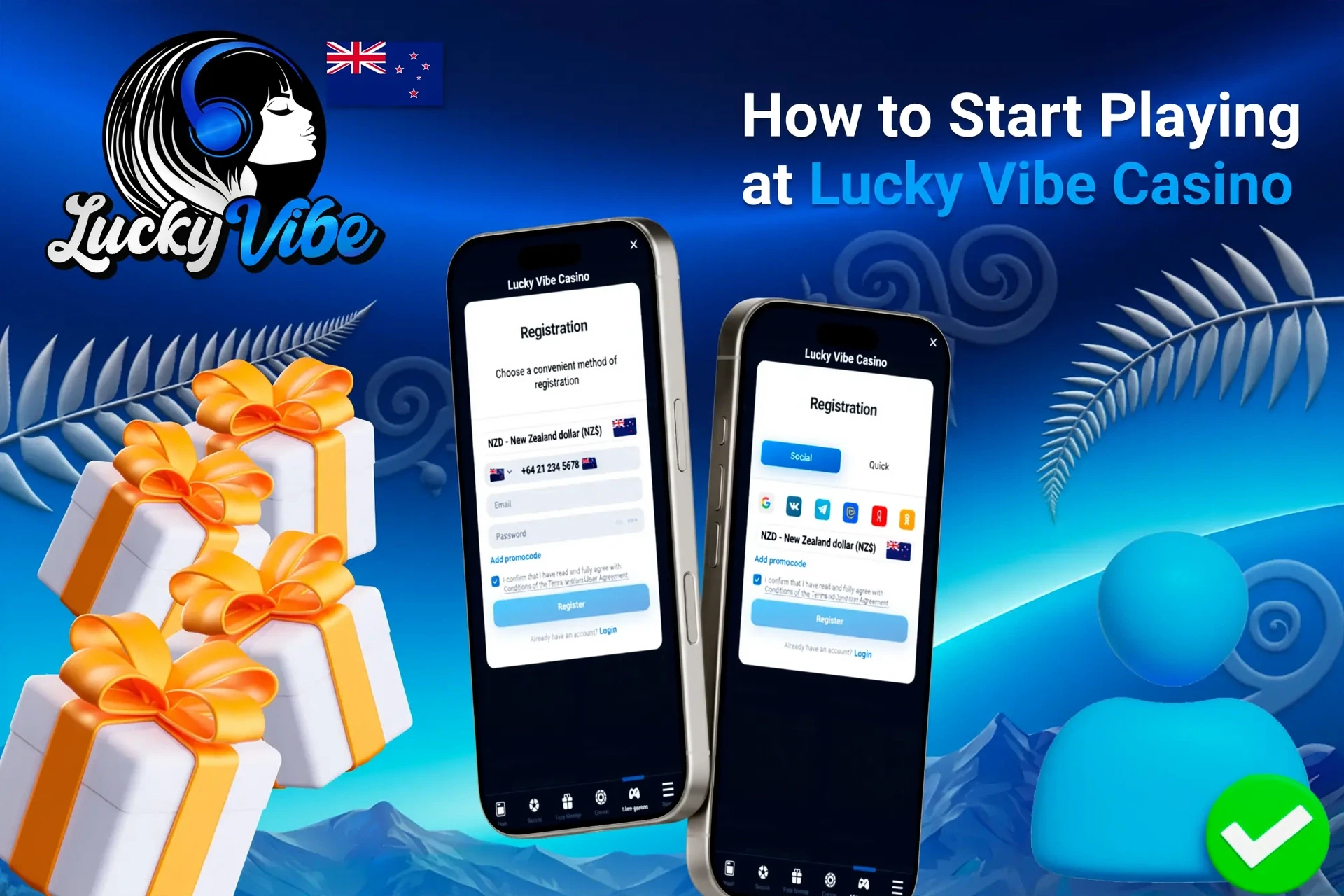 Lucky Vibe app registration screen on mobile with easy-to-follow steps and gift box icons