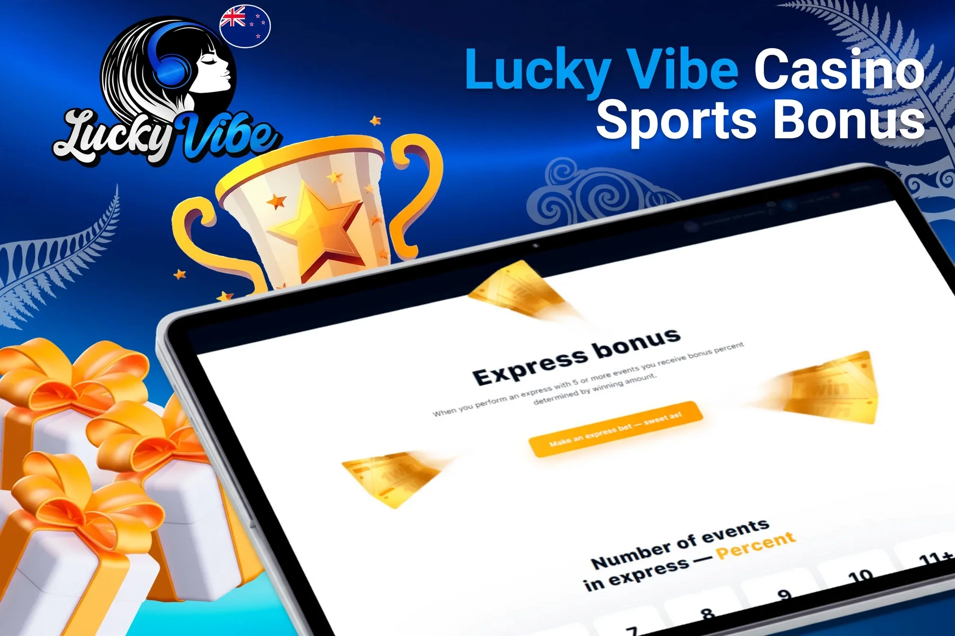 Tablet screen with express bonus offer for sports betting from Lucky Vibe Casino, with trophy and gift boxes.