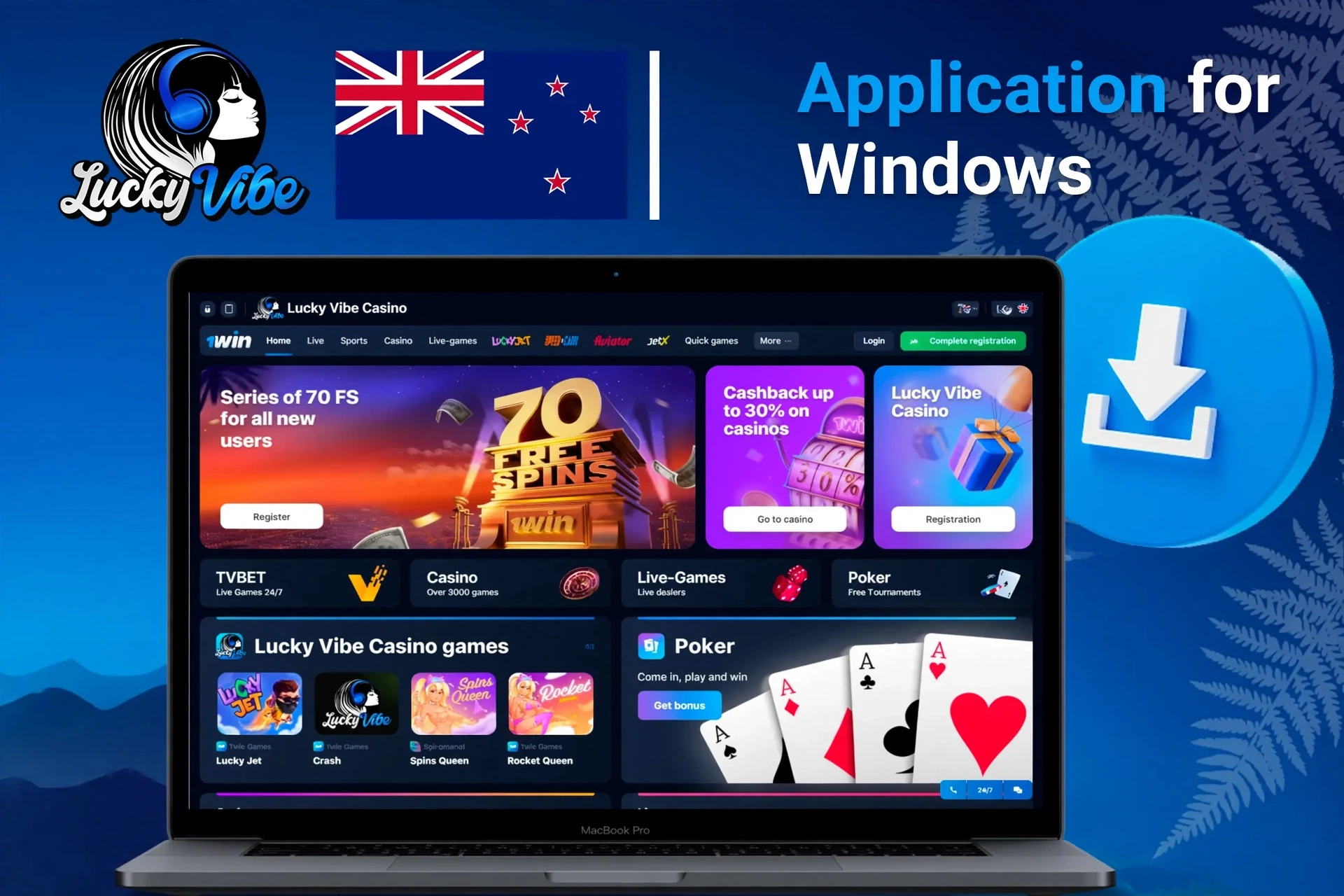 Application for Windows with download instructions and 70 free spins promotion