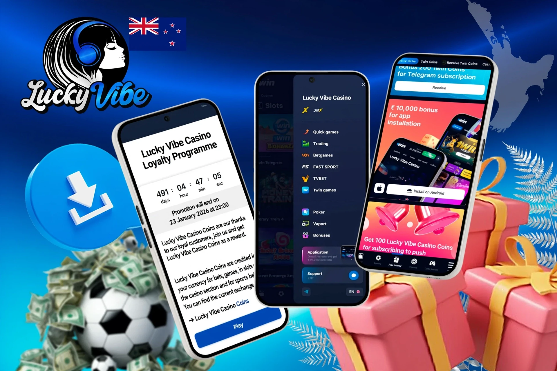 Mobile screens showing loyalty program, app installation bonus, and football icon with download button