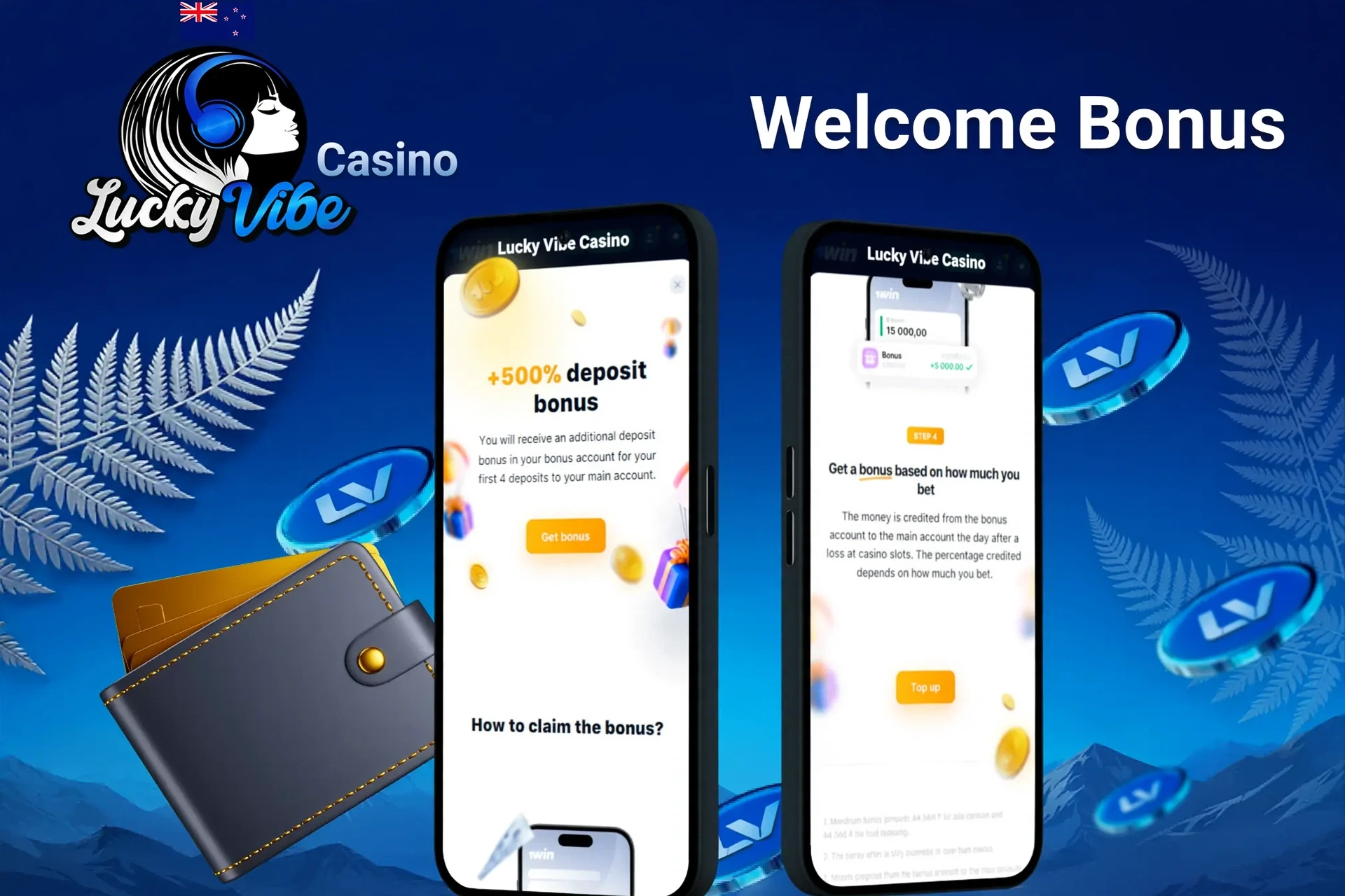 Lucky Vibe Casino welcome bonus screen showing 100% up to A$1,000 and 100 Free Spins for the first deposit, displayed on two mobile screens