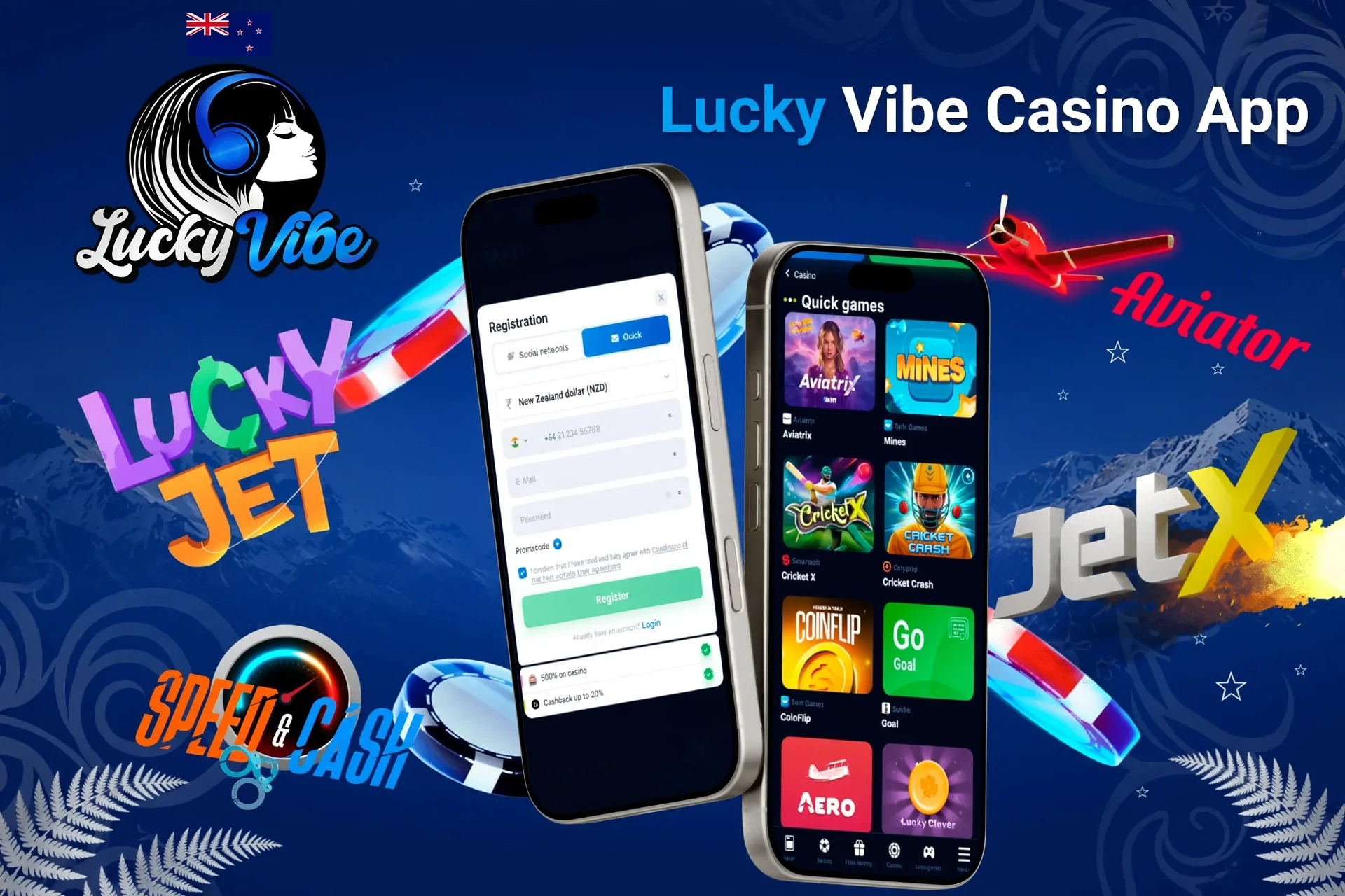 Lucky Vibe Casino app registration screen with quick games like Aviatrix and JetX