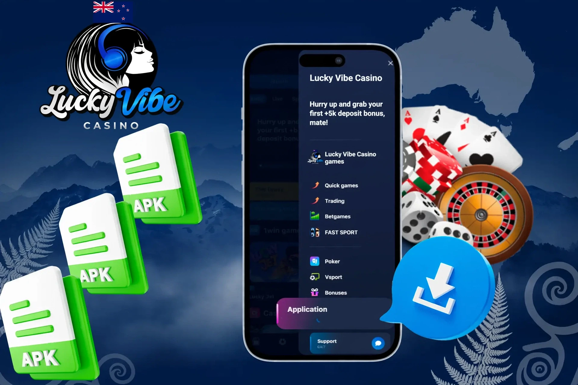 Lucky Vibe app and mobile icons with casino chips illustrating mobile access to Lucky Vibe games