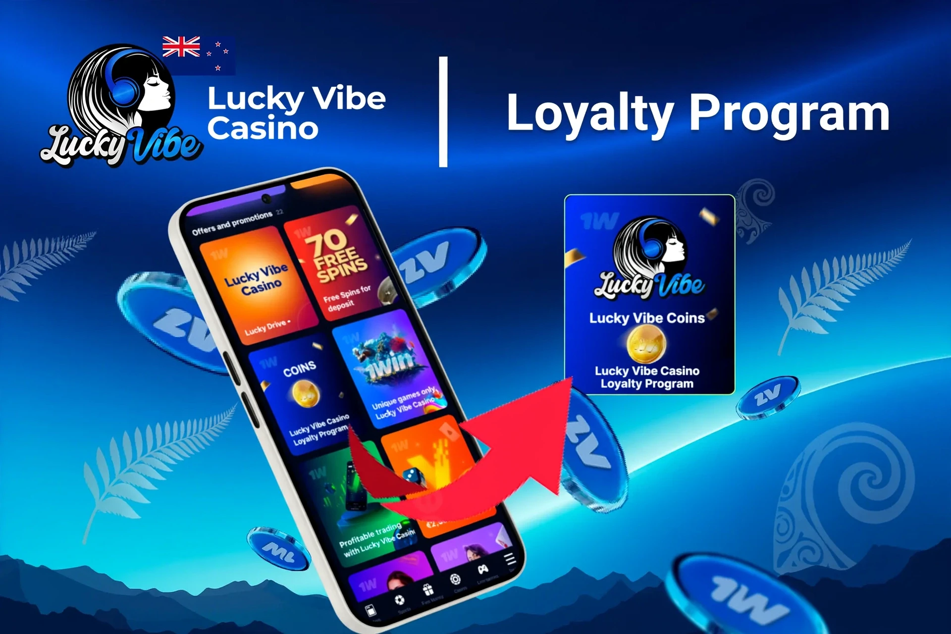 Mobile app showing Lucky Vibe Casino loyalty program and offers like free spins and Lucky Drive.
