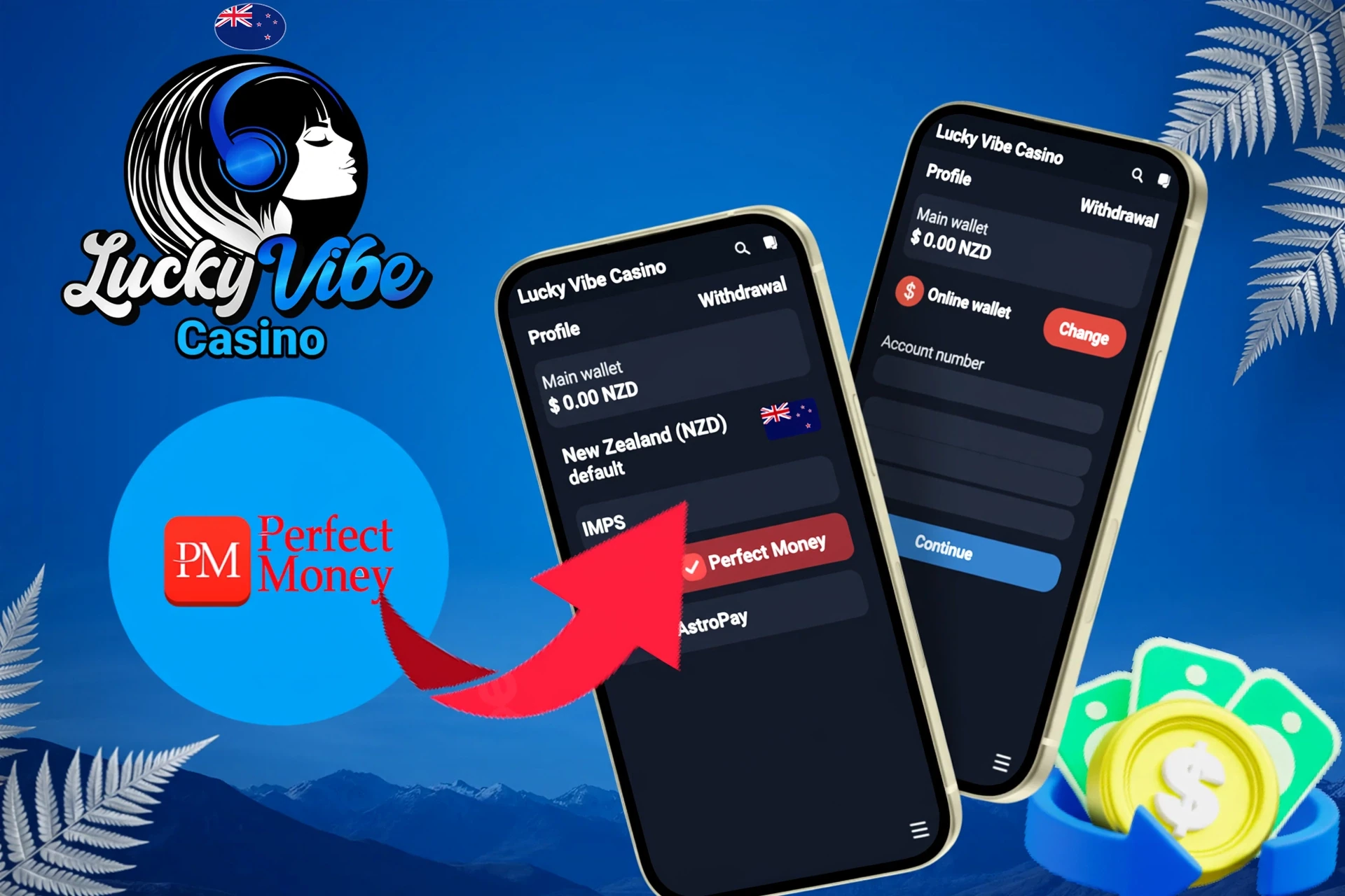 withdrawal options, featuring Perfect Money, AstroPay, and other wallet services, shown on a mobile interface