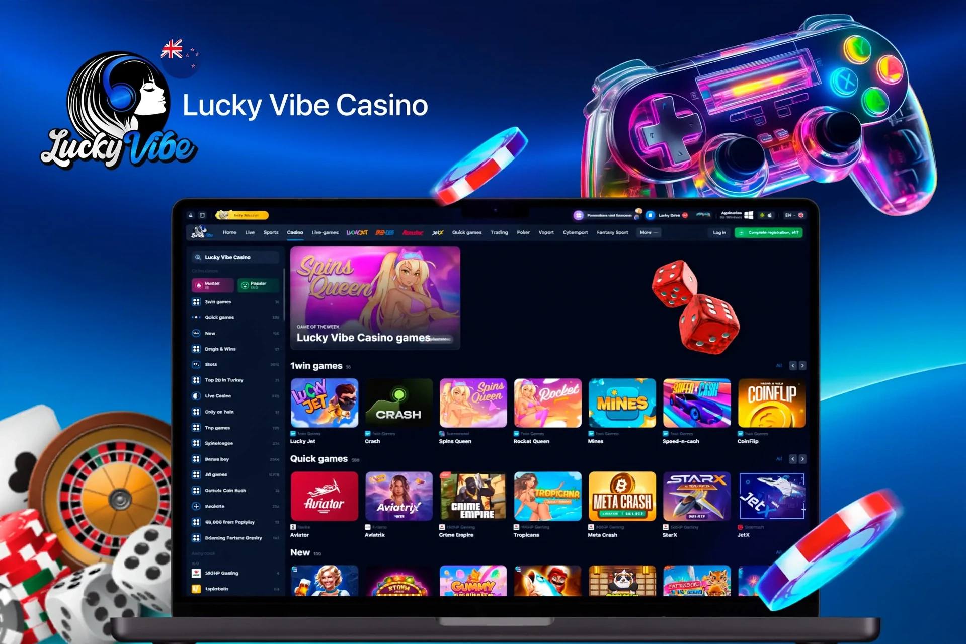 app interface showing a variety of games like Spins Queen, Crash, and Rocket Queen with a vibrant game controller icon