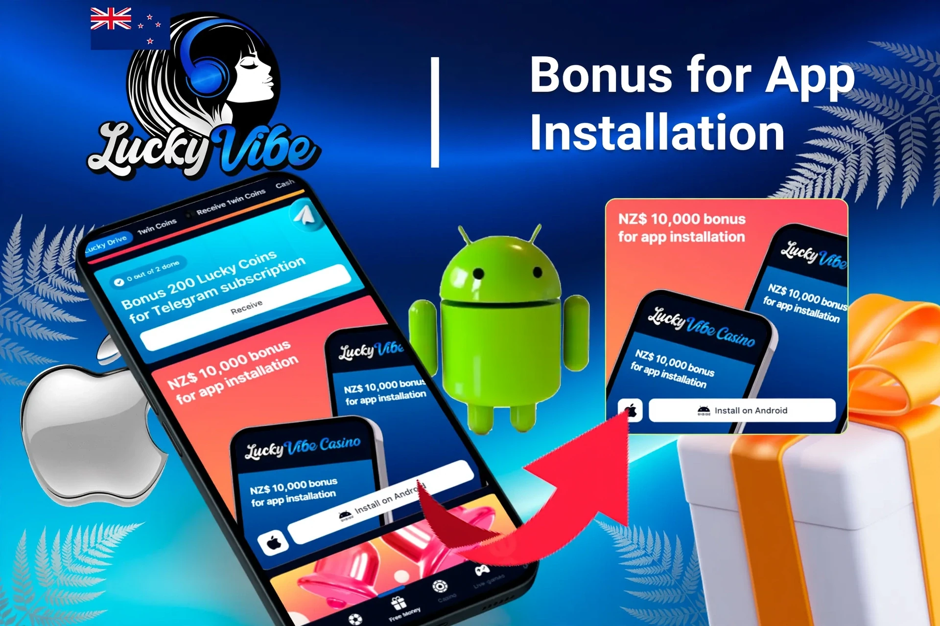 Lucky Vibe Casino bonus offer for app installation on mobile with Android and Apple logos, and gift boxes