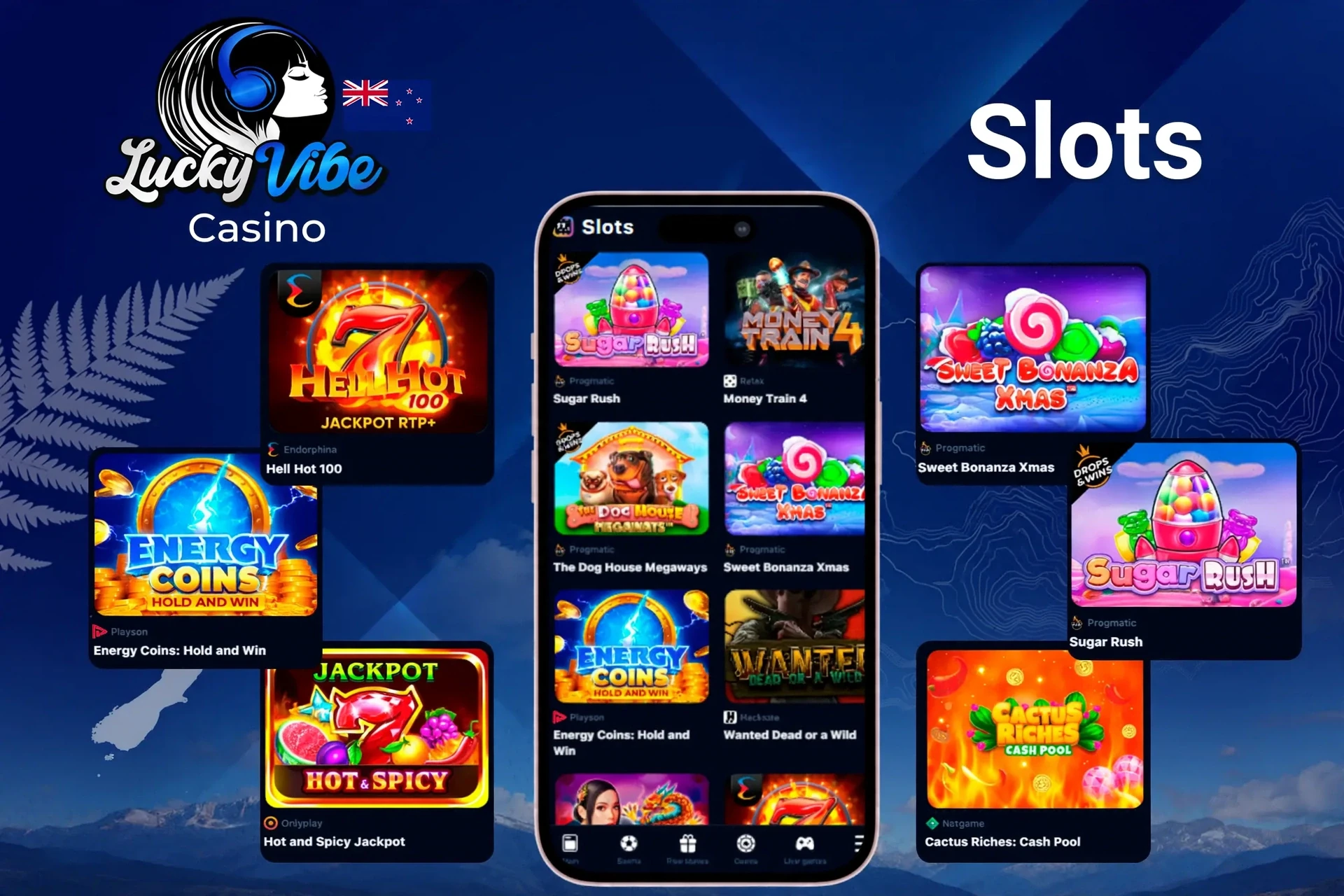 Slot games showcasing popular titles such as Sugar Rush, Energy Coins, and Hell Hot 100 on mobile and desktop