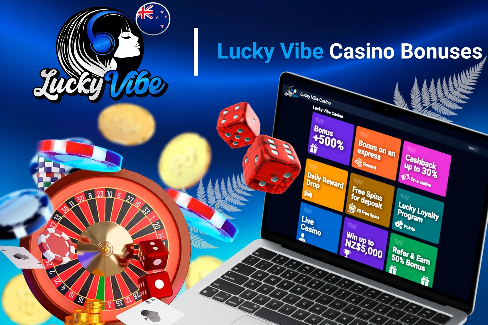 Laptop screen showing various Lucky Vibe Casino bonuses with roulette, dice, and poker chips