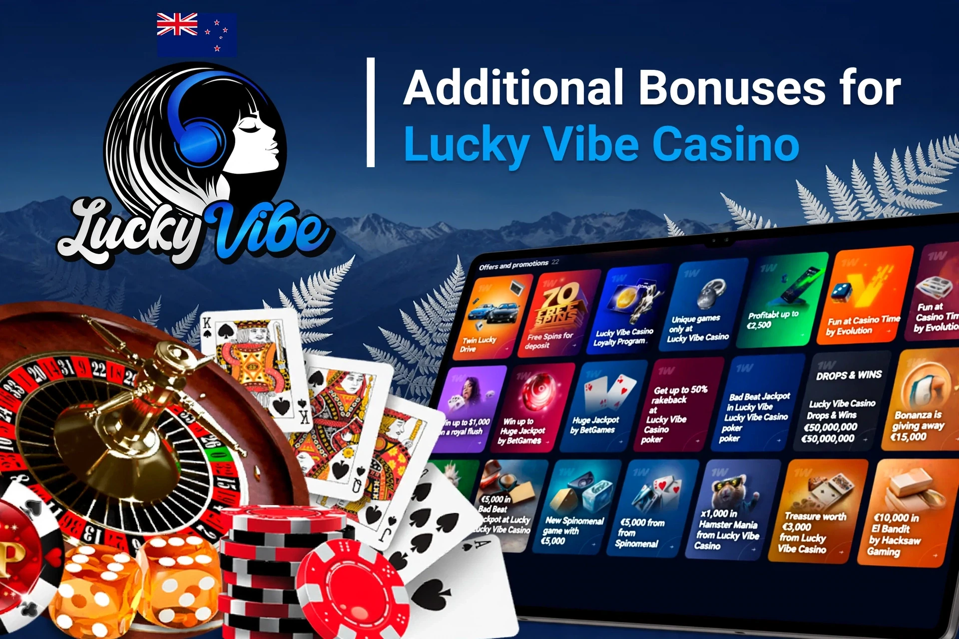 Mobile app showing casino game offers like loyalty program and free spins with poker chips and cards