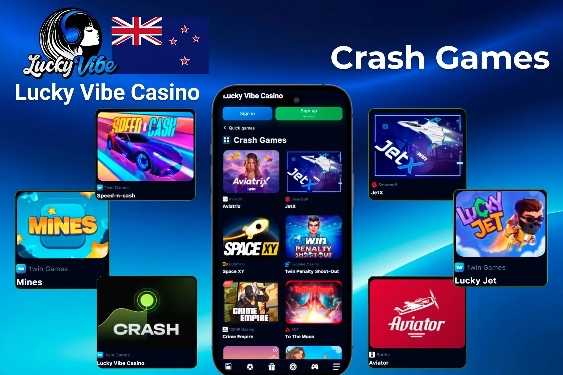 Crash games such as Mines, Speed-n-Cash, JetX, and Lucky Jet shown on mobile app