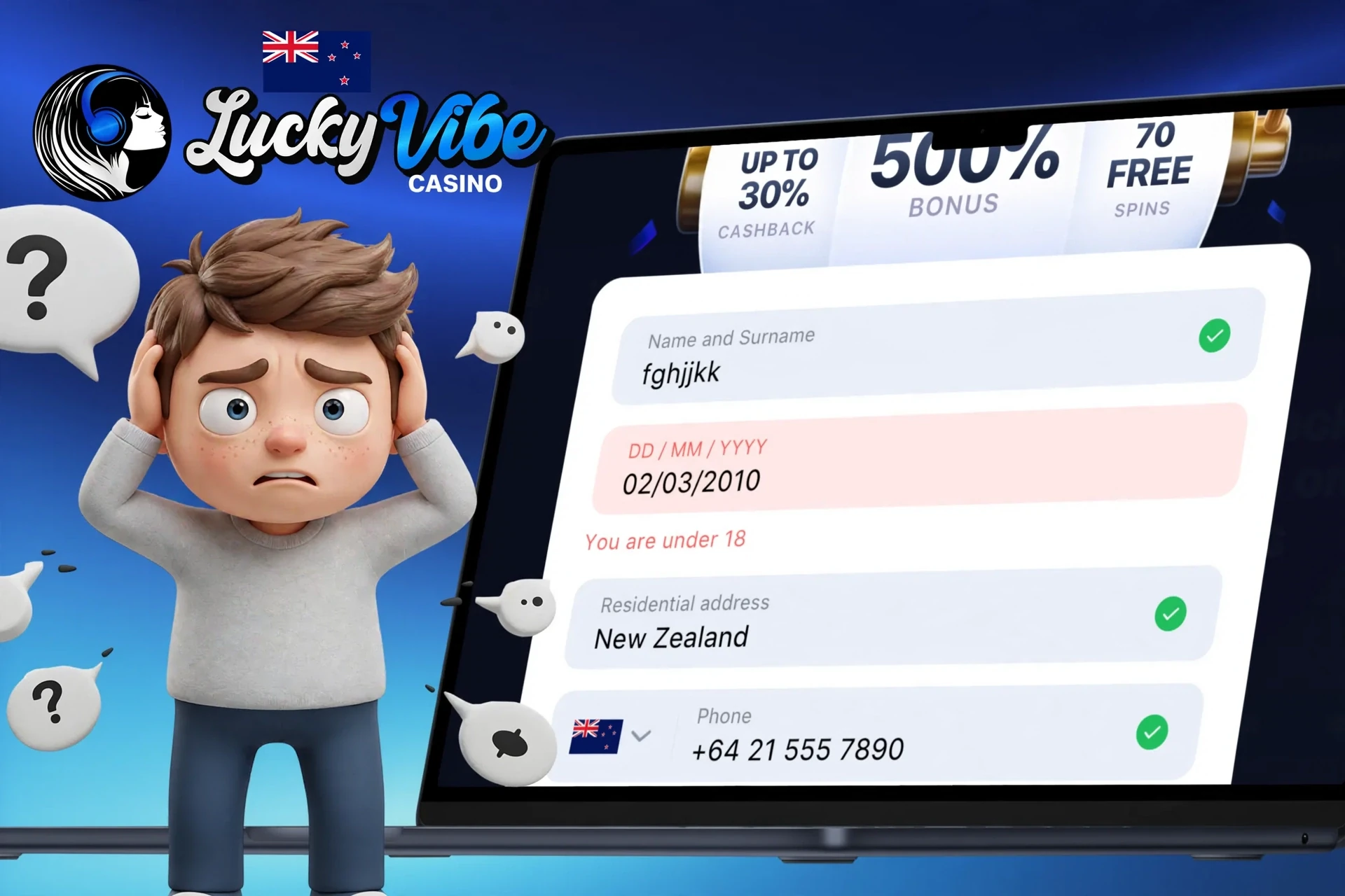 Description of possible difficulties when registering on Lucky Vibe Casino